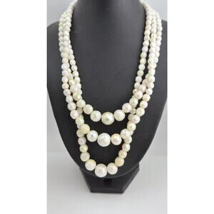 Vintage AB Bead Necklace Triple Strand White Iridescent Wedding